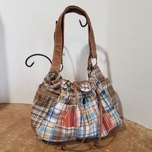 Handmade Patchwork Plaid Double Strap Fabric Shoulder Bag.